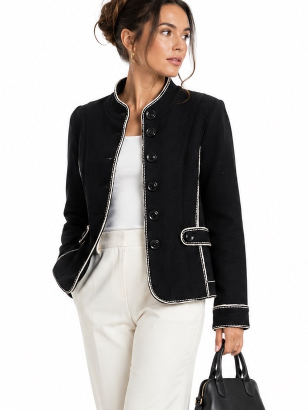 Talbots 100% Merino Wool Black Long Sleeved Lined Blazer With White Piping